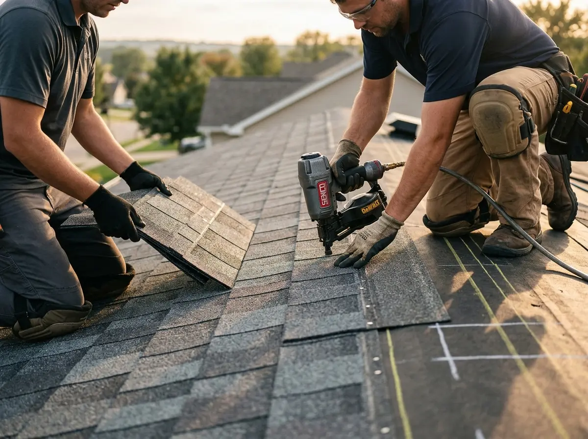 Professional roofer working on a residential roof in Fridley